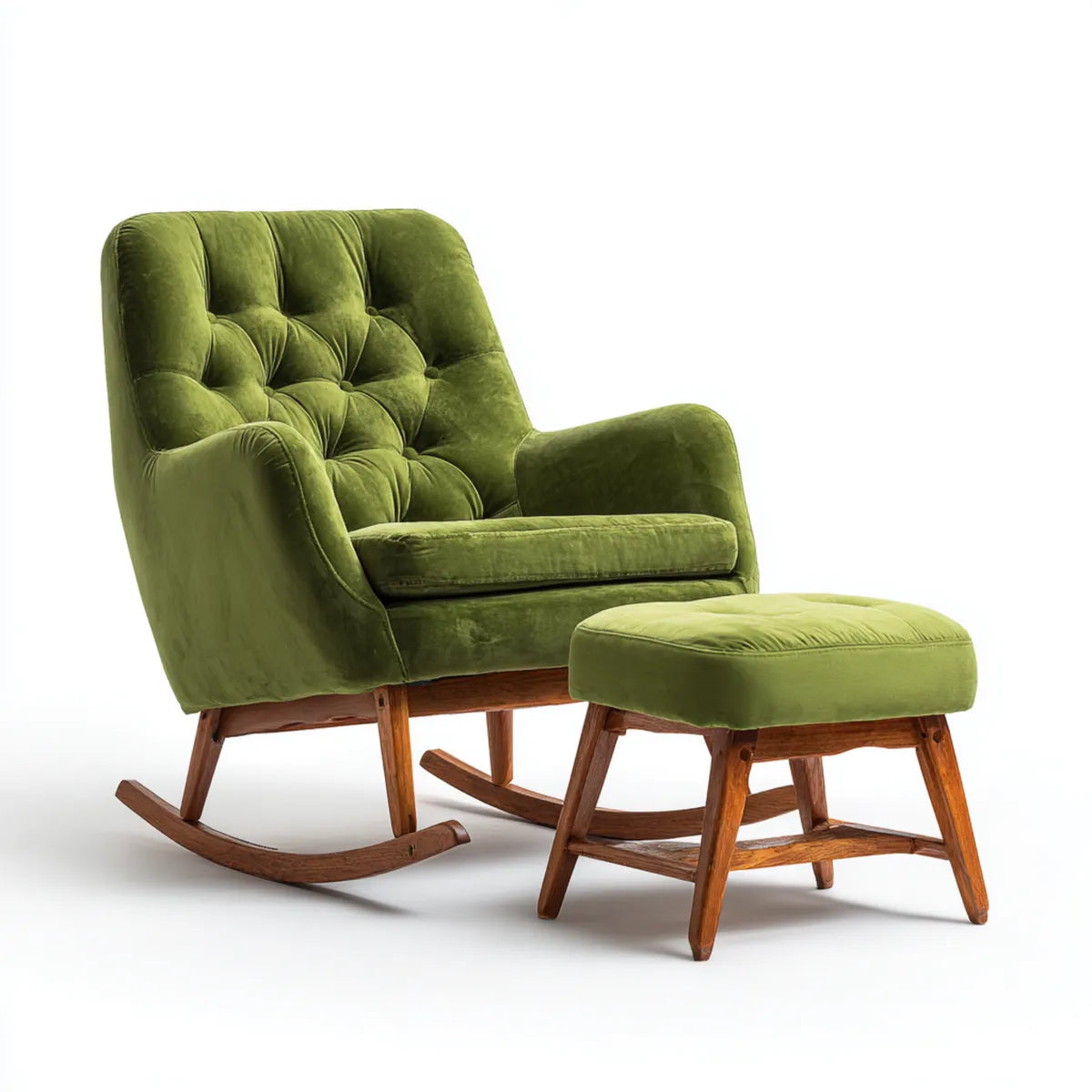 Poltrona a dondolo con poggiapiedi verde oliva 68 x 95 x 98 cm velluto di poliestere e legno massello sagoma arrotondata