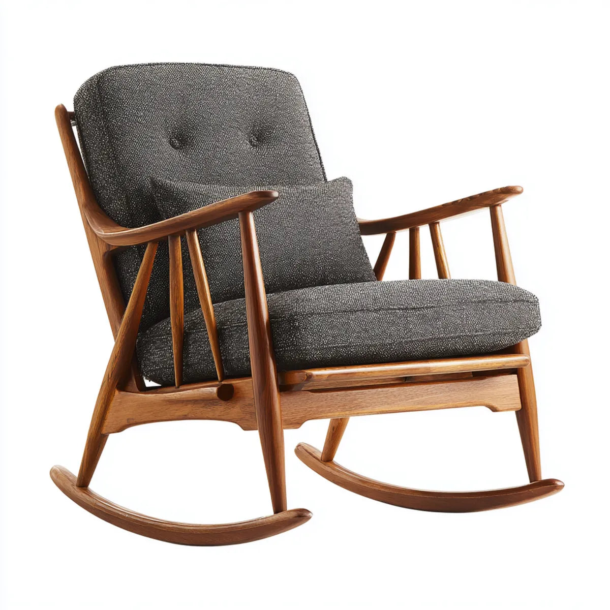 Sedia a dondolo grigia 67 x 92 x 98 cm in legno massello di frassino e poliestere con schienale alto sagomato