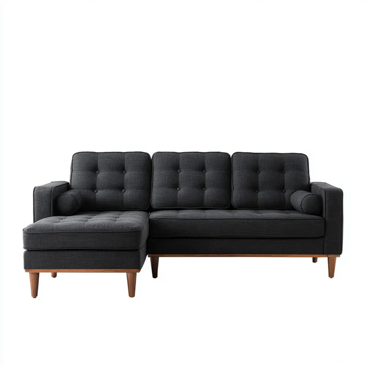 Divano angolare 3 posti con chaise longue grigio antracite in poliestere 210 x 145 x 84 cm con piedi in legno massello forma a L
