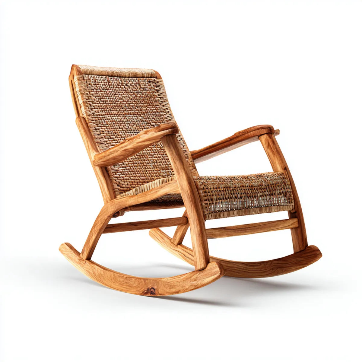 Sedia a dondolo con braccioli naturale in legno massello di acacia e rattan 68 x 100 x 98 cm