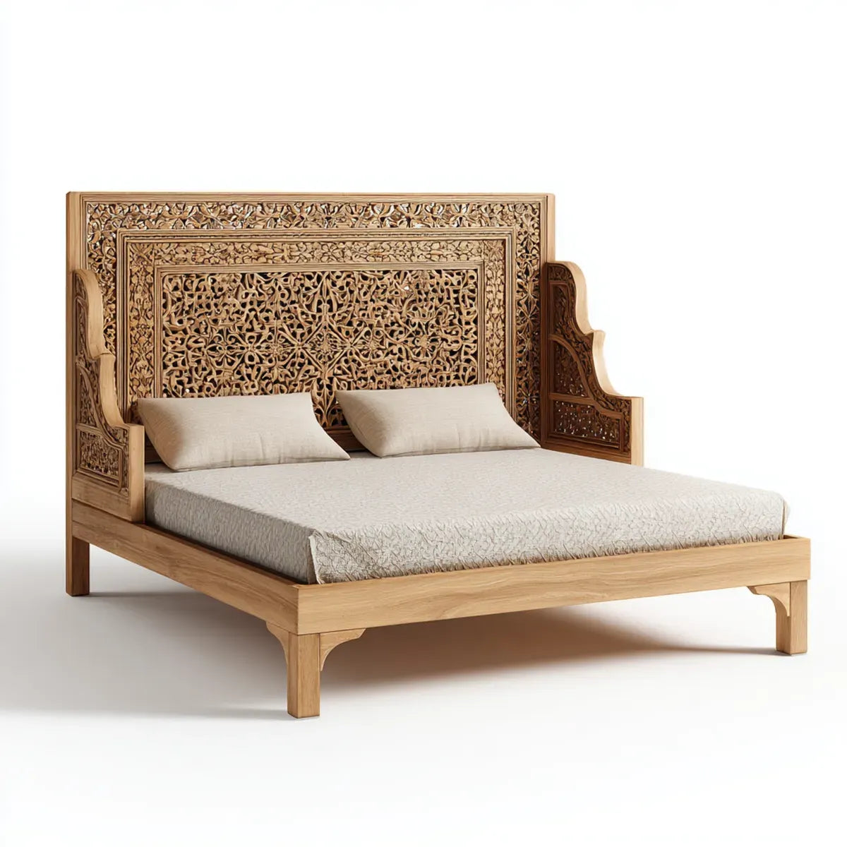 Letto matrimoniale in legno massello naturale intagliato 180 x 200 cm rettangolare