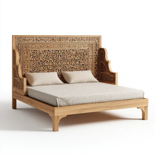 Letto matrimoniale in legno massello naturale intagliato 180 x 200 cm rettangolare