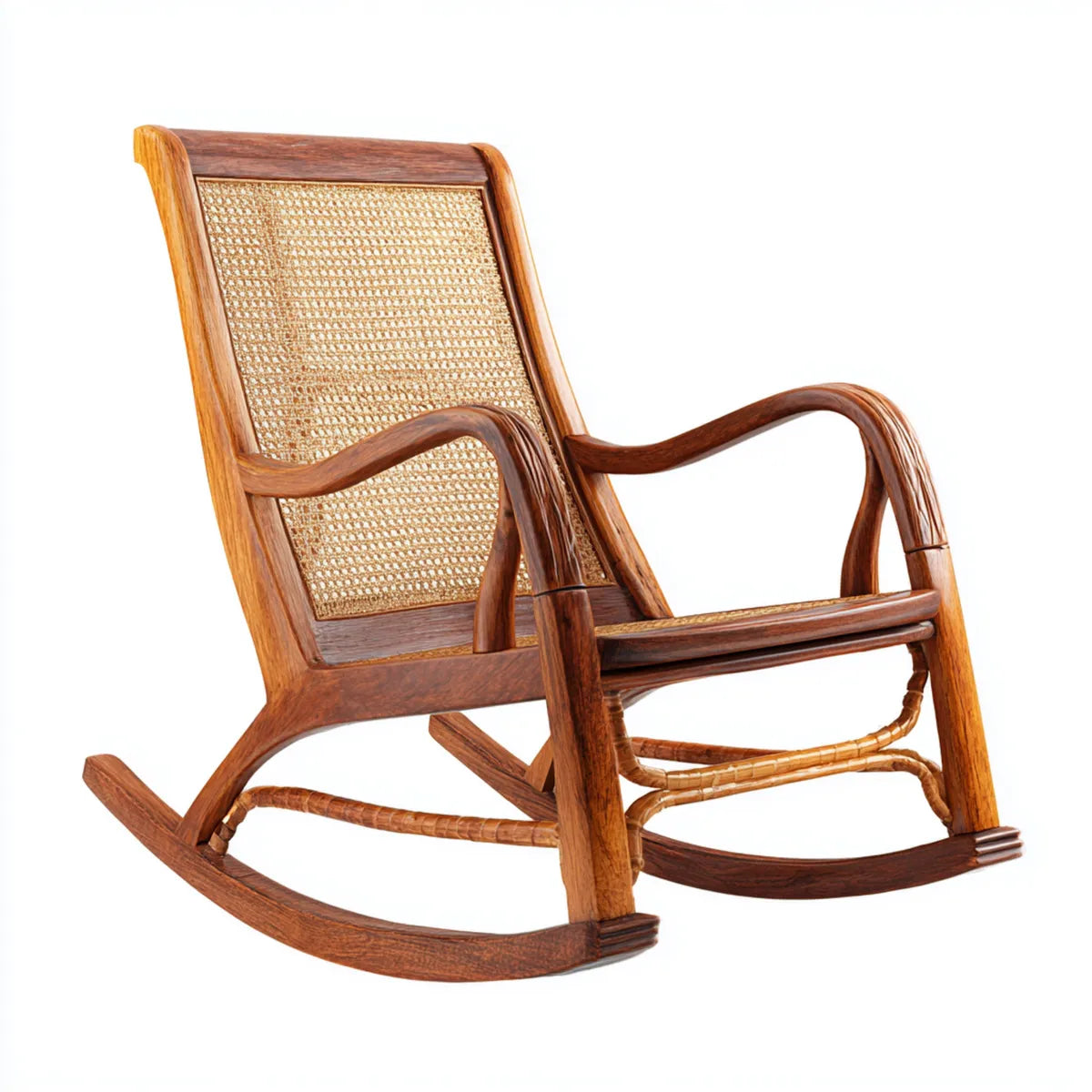 Sedia a dondolo marrone in legno massello con rattan 65 x 100 x 105 cm