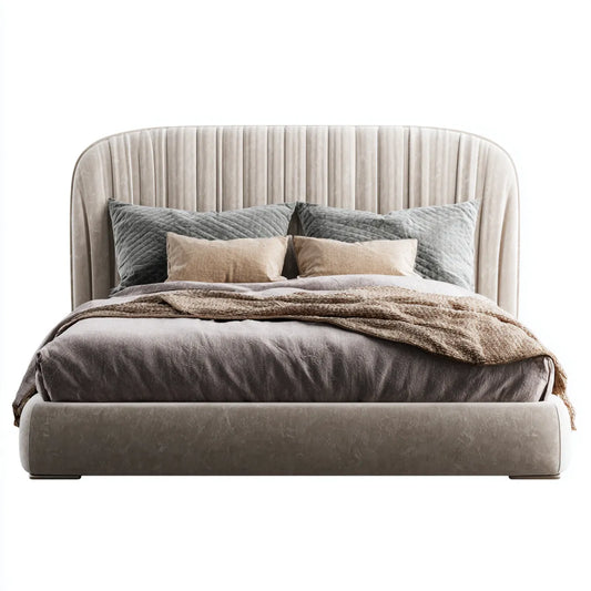 Letto matrimoniale imbottito beige 180 x 200 cm in poliestere con testiera arrotondata