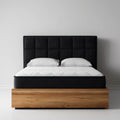 Letto matrimoniale con testiera imbottita nero 160 x 200 cm in PU e rovere rettangolare