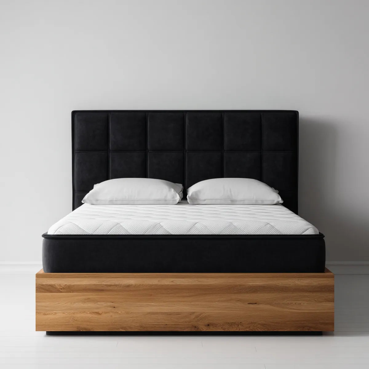 Letto matrimoniale con testiera imbottita nero 160 x 200 cm in PU e rovere rettangolare