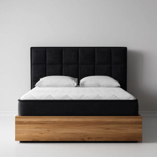 Letto matrimoniale con testiera imbottita nero 160 x 200 cm in PU e rovere rettangolare