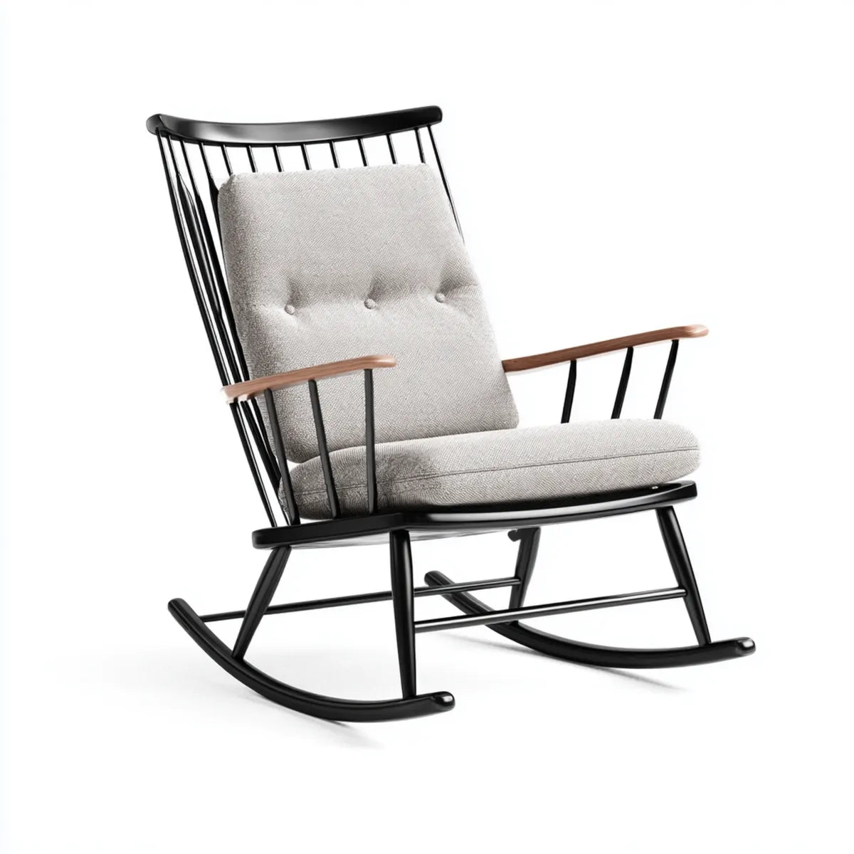 Sedia a dondolo nera e grigia in legno massello con cuscini in poliestere 68 x 95 x 100 cm