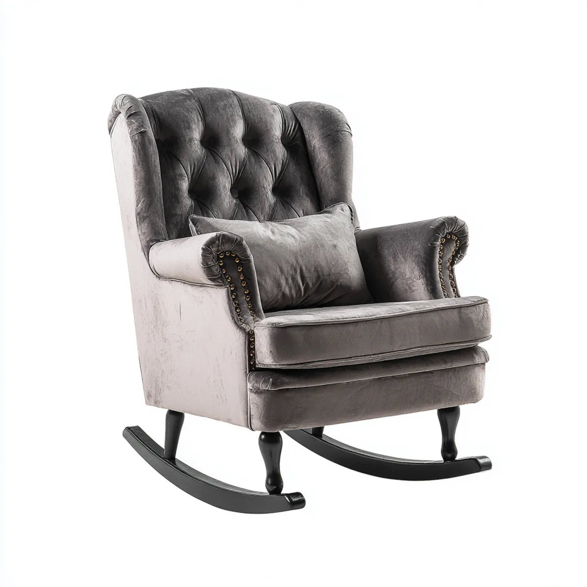 Poltrona a dondolo grigia 80 x 95 x 105 cm in velluto di poliestere con schienale capitonné