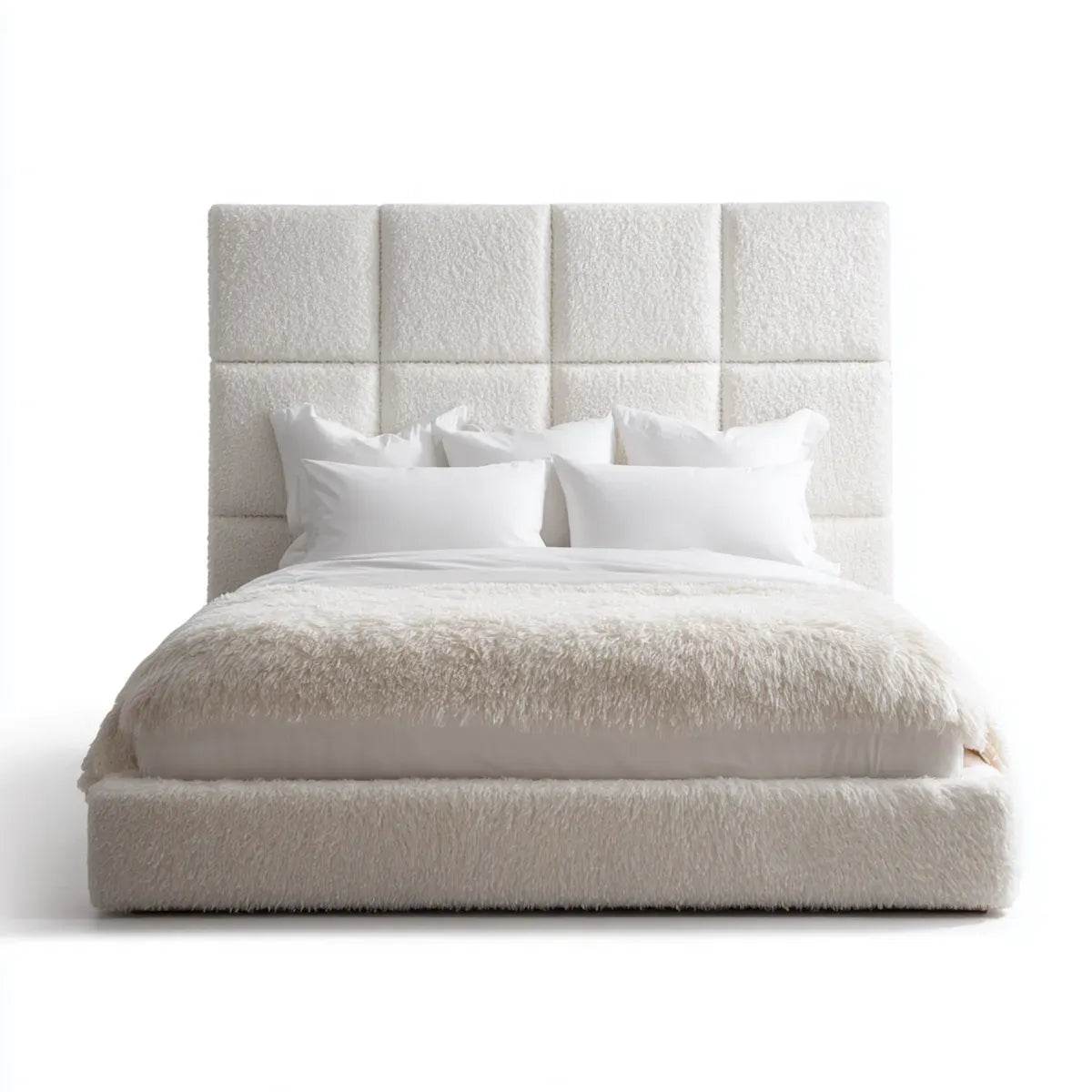 Letto matrimoniale imbottito bianco in poliestere bouclé 160 x 200 cm con testiera rettangolare